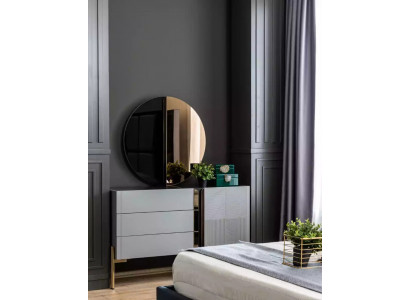 Beautiful chest of drawers with mirror in gray tones with gold inlays