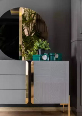 Beautiful chest of drawers with mirror in gray tones with gold inlays