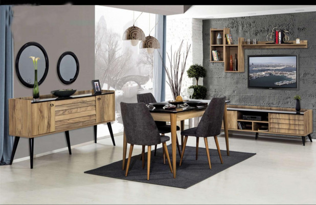 Black -Brown Dining room Set Dining table 4x Chairs Sideboard Mirror 8pcs