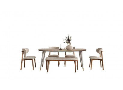 Chic Set Consists of Dining table and 4x Chairs + Stool in Dining room beige