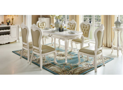 Classic White -Beige x4 Chesterfield Chairs Dining room Group Solid wood Suite