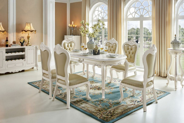 Classic White -Beige x4 Chesterfield Chairs Dining room Group Solid wood Suite