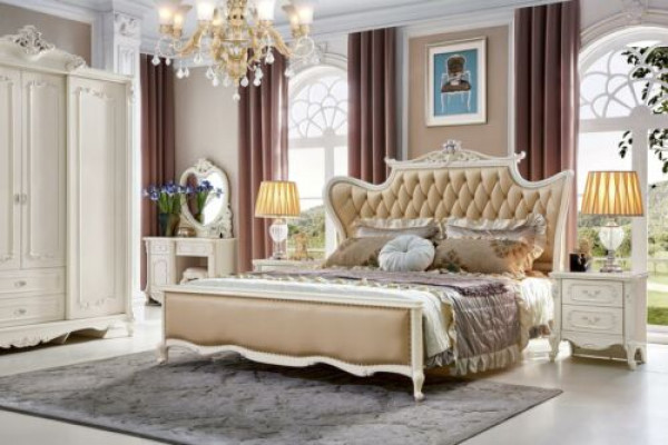 Classic Rococo Bedroom Set 3 pcs. Bedside tables Bed Leather Solid wood