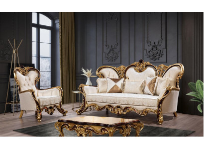 Sofa set 3+1 Seater Gold Coffee table Classic Living room Set 3pcs.