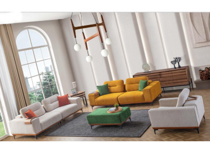 Large living room set with 3 textile sofas, upholstered stools and 3x side tables