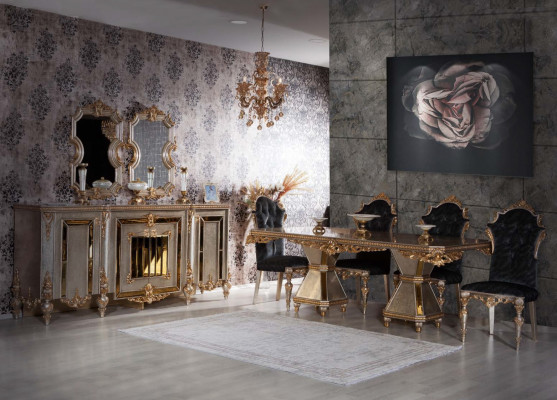 High-quality 7-piece dining room furniture in a golden style