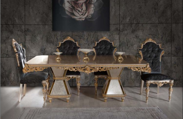 High-quality 7-piece dining room furniture in a golden style