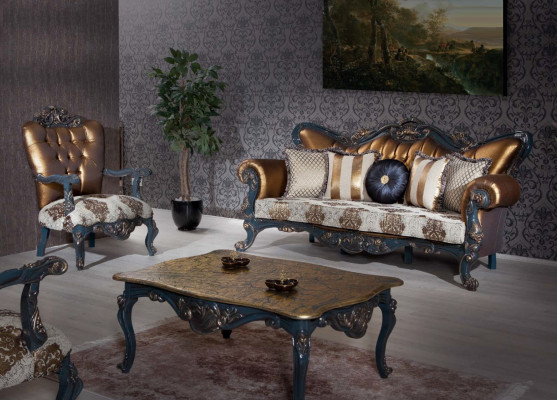 Exquisite sofa in classic style with golden elements for the living room