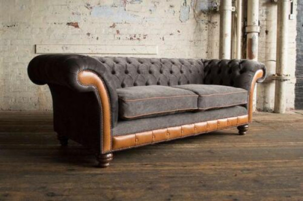 XXL Sofa 3 Seater Couch Chesterfield Upholstery Seat Suite Leather Textile new Grey