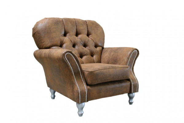 Design Armchair 1 Seater Brown Textile Luxury Club Lougne Sofa TV Chesterfield