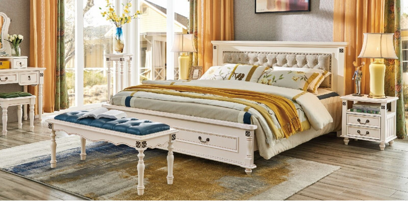 Elegant double bed with luxurious wooden design and padded headboard