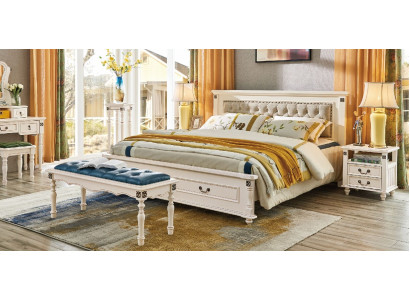 Elegant double bed with luxurious wooden design and padded headboard