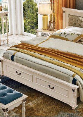 Elegant double bed with luxurious wooden design and padded headboard