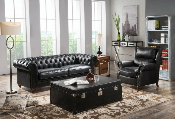 Chesterfield Sofa 3 Seater with Armchair Black Vintage Leather Furniture Style 2pcs. new