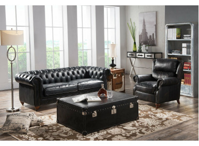 Chesterfield Sofa 3 Seater with Armchair Black Vintage Leather Furniture Style 2pcs. new