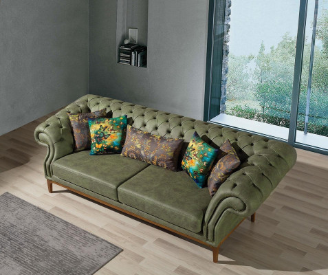 Green-Yellow Upholstered Designer Three-Seater Luxury Armchair 3+3+1 Set