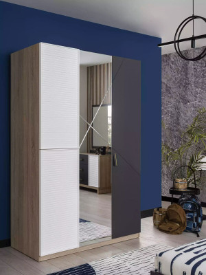 Wardrobe 3 Doors Moden Wardrobe Wood Gray Mirror Childrens room