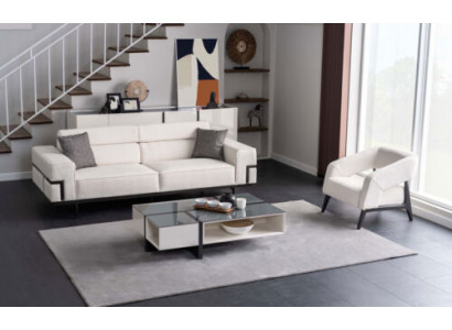 Living room White Upholstered Set 3+1 Seater Designer Glass Coffee table