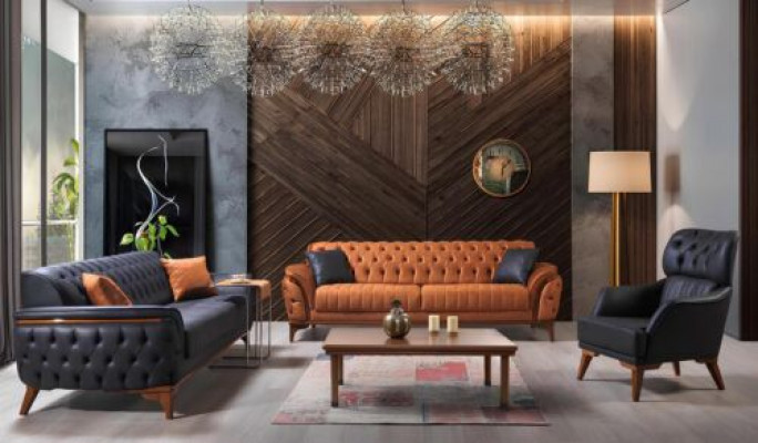 Black-Orange Chesterfield Sofa set Living room Couches Armchair 4pcs