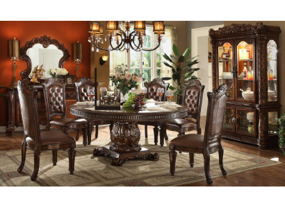 Brown Classic Baroque Dining room set round table 6x Leather Chesterfield Chairs