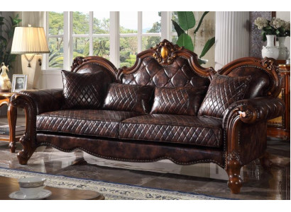 Carved Baroque Living room Furniture Sofa Leather Couch Three Seater Seat