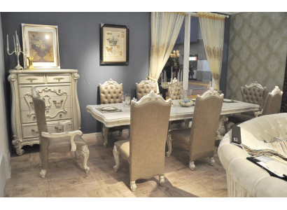 Antique white dining room suite Large dining table with leather Chesterfield chairs