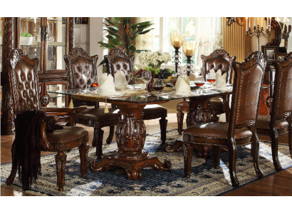 Brown Classic r Dining table with Leather Chesterfield chairs 7 pieces. set