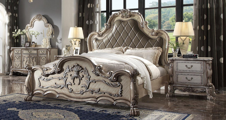 Luxury Baroque Silver Double bed Design Wood 200x200cm upholstery Bedroom new