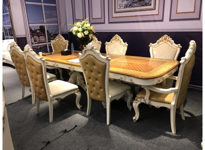 White -Brown Dining room set Large dining table with leather chairs