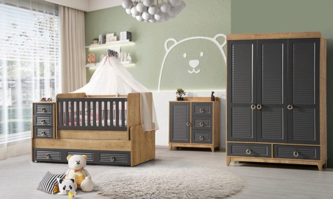 Stylish children's room furniture Children's room Children's bed gray wood set 4 pieces