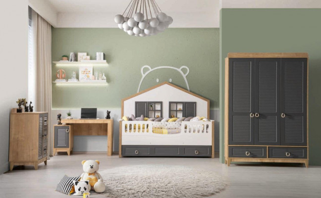 Luxurious complete e children's furniture bed wood set 4 pieces children's room grey