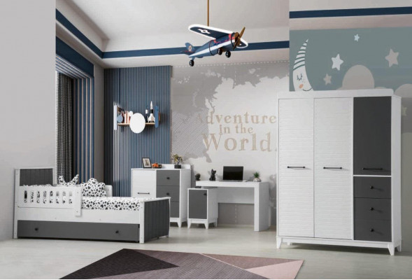 Modern Childrens room Set Consists of Bed Wardrobe Chest of drawers Table 4pcs.