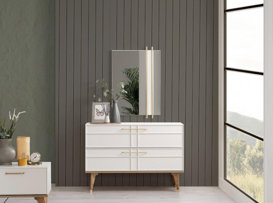 Chest of drawers with Mirror Bedroom Console Wood White Set 2pcs Modern