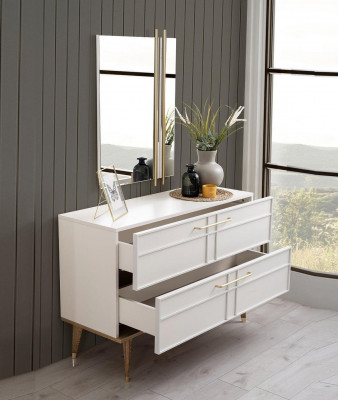 Chest of drawers with Mirror Bedroom Console Wood White Set 2pcs Modern