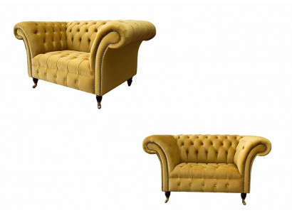 Armchair Chesterfield Furniture Set 2x Single Seater Set Couch Sofa Yellow Textile