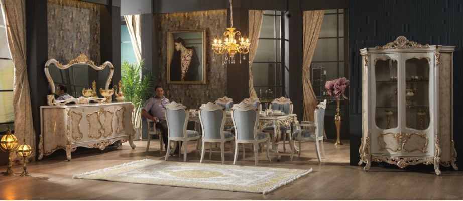 Golden Dining room set Designer Rectangular Dining table with x4 Chesterfield chairs 5 pieces. set