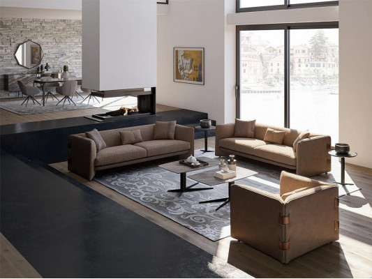 Living room 7pcs Brown 2x Sofas Modern Armchair with Coffee table Luxury Furnishings