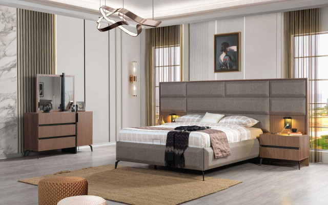 Gray-brown Double bed exclusive Bedroom Chest of drawers Mirror 5-piece set