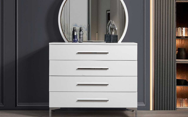 Four Door White Bedroom Chest of Drawers Designer Glass Round Mirror 2 Piece Set