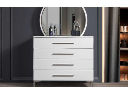 Four Door White Bedroom Chest of Drawers Designer Glass Round Mirror 2 Piece Set