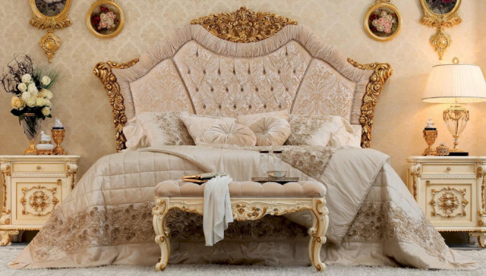 Luxury Double bed Bed Fabric Beds Bed Frame Wood Bedroom Baroque