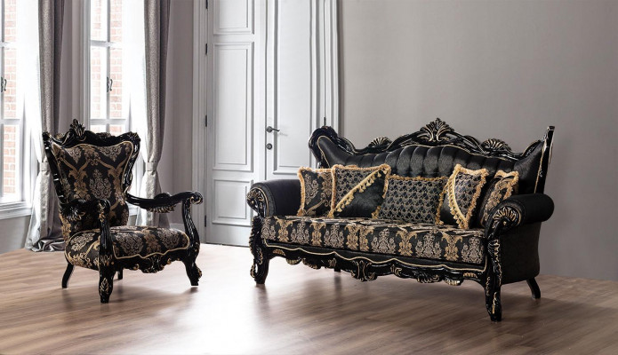 2-piece sofa set for the living room 3+1 seats black sofa and armchair gold pattern