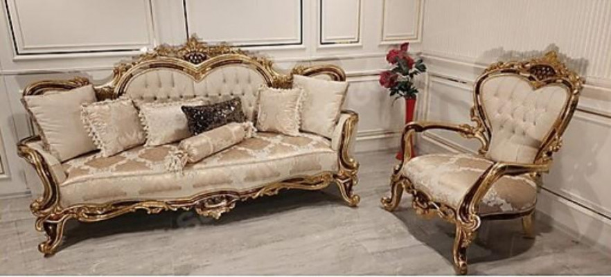 Chesterfield Baroque Three Seater Couch Furniture Sofa Couches Fabric Beige