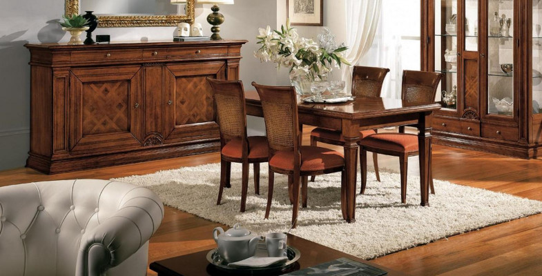 Dining room Dining table Chairs Chest of drawers Display case Group Suite Wood Brown 7 pcs. set