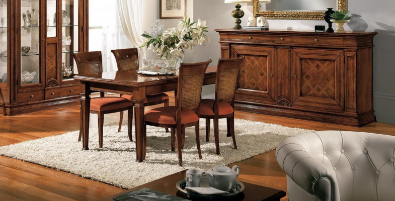 Dining room Dining table Chairs Chest of drawers Display case Group Suite Wood Brown 7 pcs. set