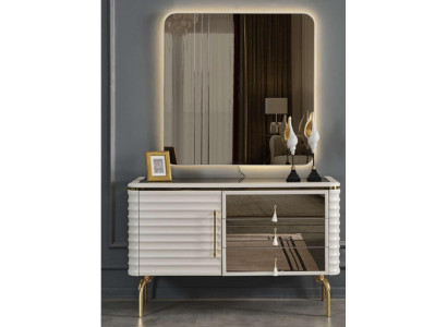 Stylish white chest of drawers with round LED mirror bedroom set 2 pieces