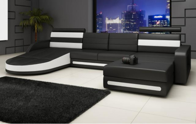 XXL Living landscape COUCH Suite DESIGN Corner sofa Black LEATHER SOFA with USB new