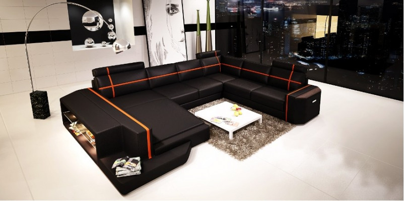 Corner sofa Leather sofa Modern sofa Couch U-shape Living landscape + lighting PHM108