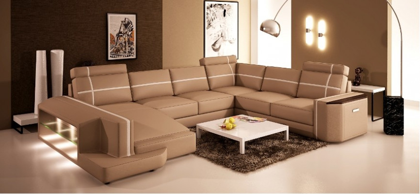 Corner sofa Leather sofa Modern sofa Couch U-shape Living landscape + lighting PHM108