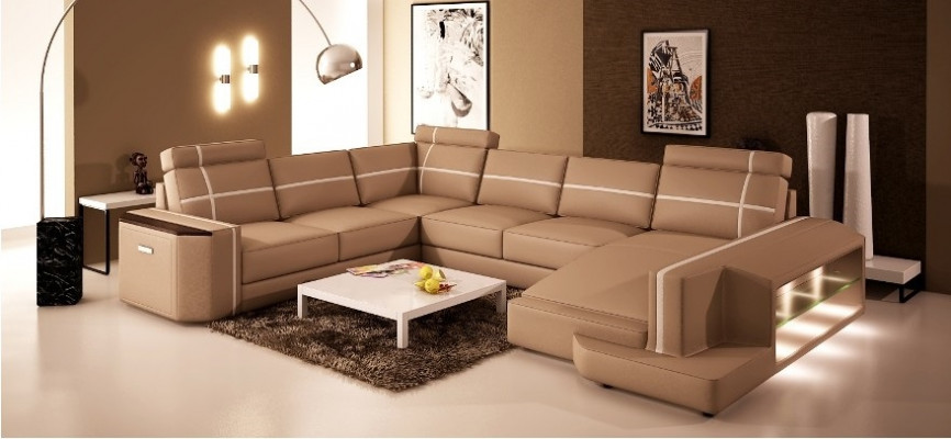 Corner sofa Leather sofa Modern sofa Couch U-shape Living landscape + lighting PHM108